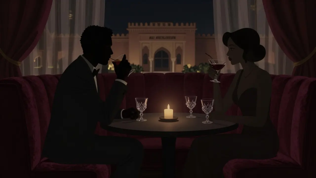 An intimate, dimly lit VIP lounge at Al Qasr with elegant silhouettes sharing quiet moments over cocktails.