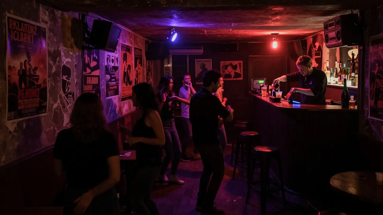 An underground club in a former cinema, with vintage posters and a crowd dancing to house music in dim, moody lighting.