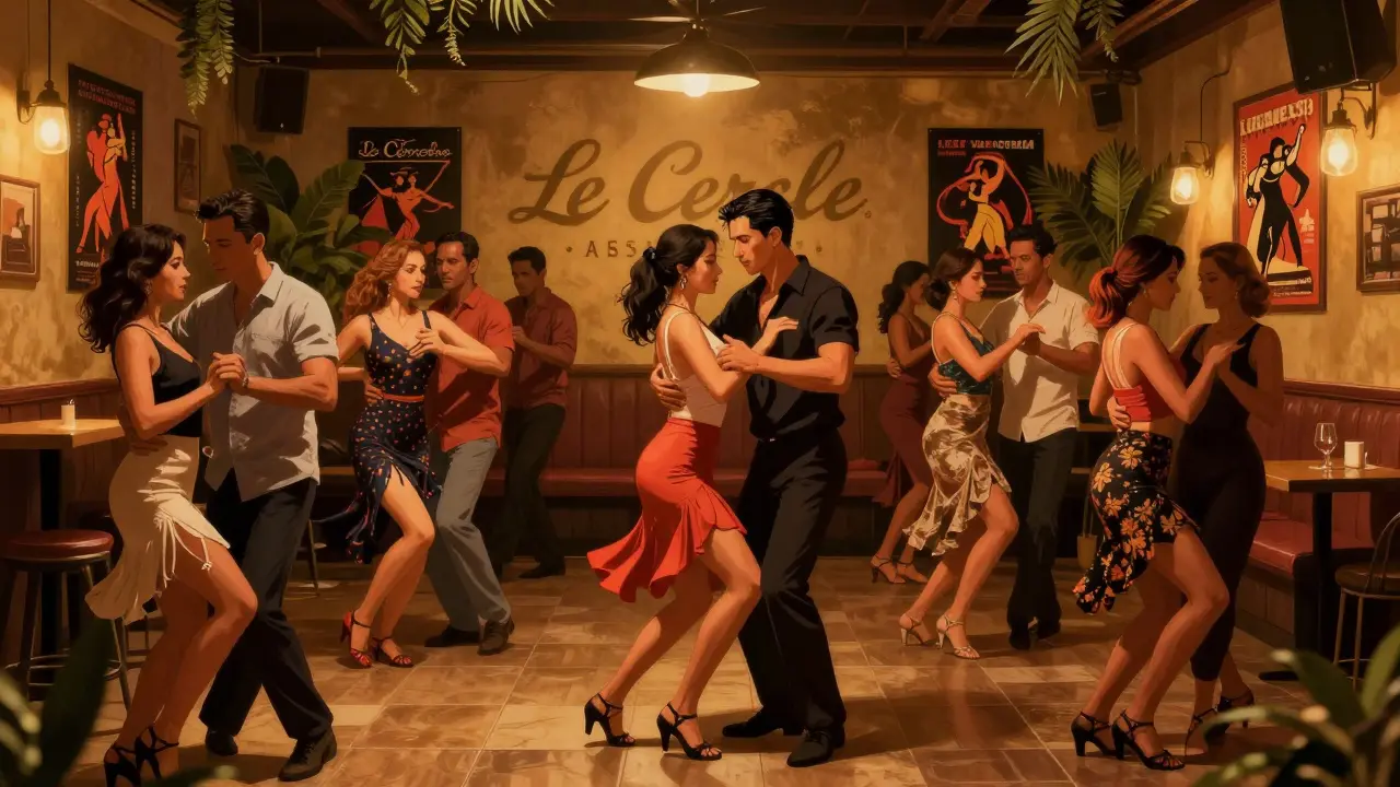 Beginner salsa lesson with instructor demonstrating steps in cozy club setting.