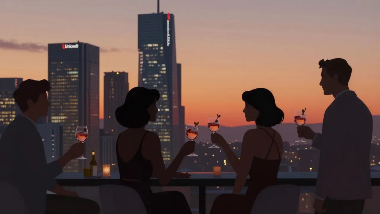 Couples sipping cocktails on a rooftop terrace overlooking Milan's modern skyline at sunset