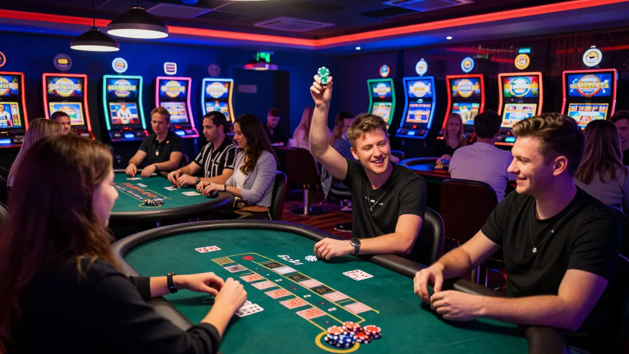 Crowded blackjack and poker tables at The Hippodrome Casino, buzzing with energy under neon lights.
