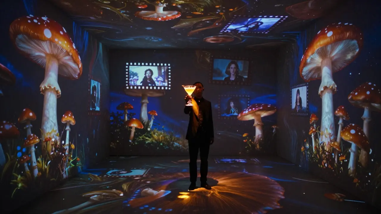 Immersive room with glowing projections of mushrooms and silent films, a bartender offering a drink in shifting light.