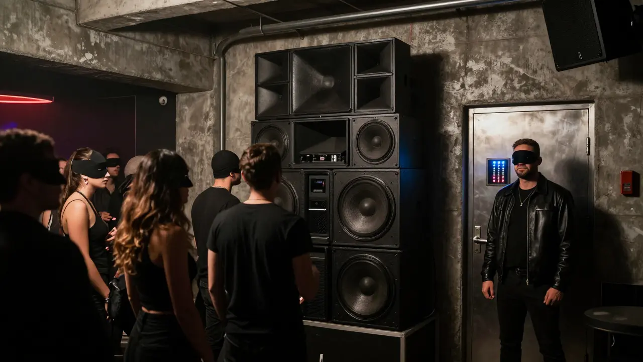 Inside The Vault nightclub, a dark techno club with industrial walls and a powerful sound system lighting up the crowd.