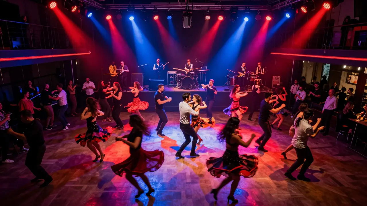 Large crowd dancing energetically at La Cigale with neon lights and motion blur.