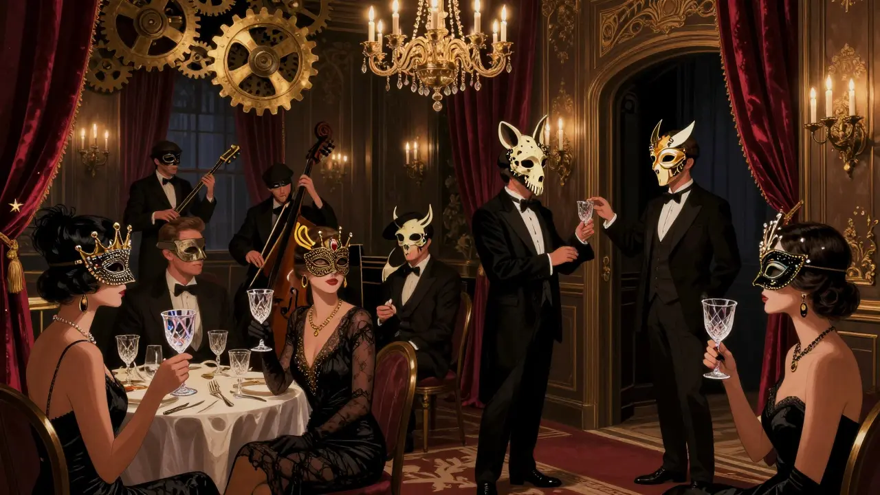 Masquerade ball with masked guests in vintage and cyberpunk outfits, holding ornate crystal goblets under candlelight.