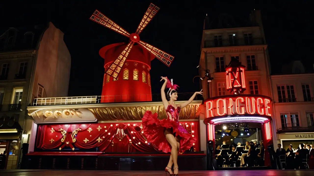 Moulin Rouge theater at night with can-can dancer mid-performance under glowing red windmill.