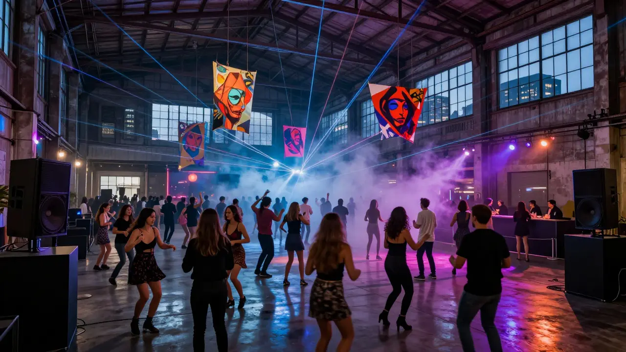 Pulsing underground club in an industrial warehouse with dancers under laser lights and art installations.