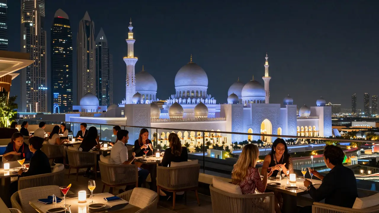 Rooftop lounge with panoramic Abu Dhabi skyline and illuminated mosque.
