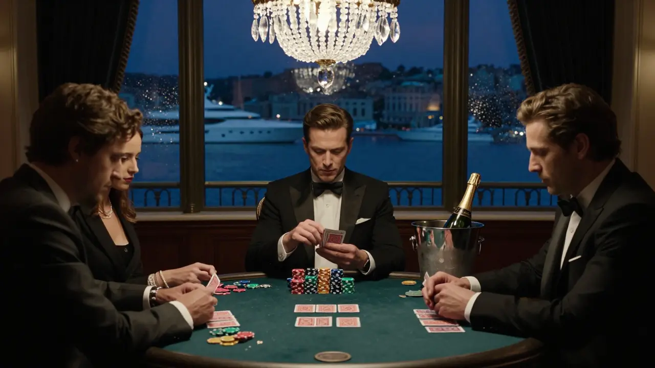 Three elite figures play cards in a private casino salon, lit by a crystal chandelier under midnight silence.