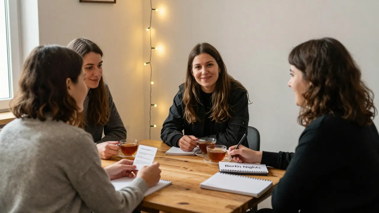 Three women sharing tea and conversation in a quiet Berlin loft, showing mutual support.