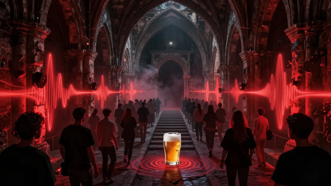 Underground techno club in stone basement with red lighting and crowd dancing to pulsing bass.