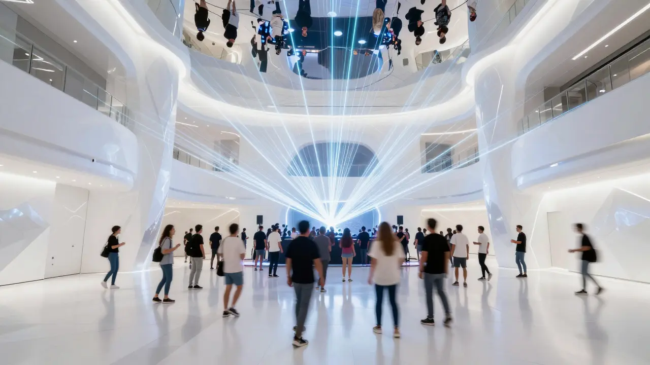 White Dubai's futuristic interior with laser lights and dancing crowd.