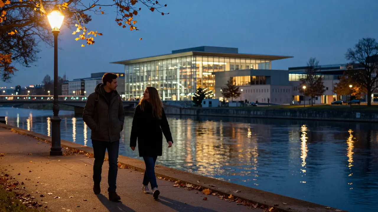 A couple walking along the Spree River at dusk, surrounded by autumn leaves and museum lights.
