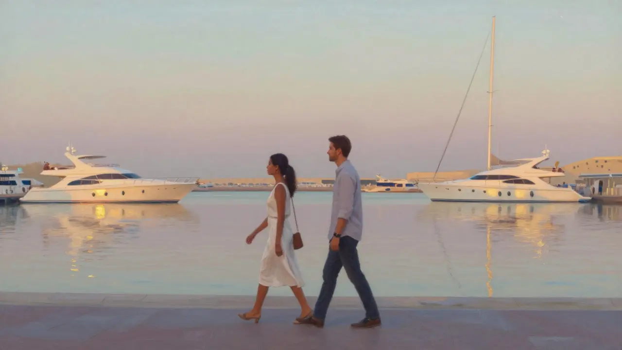 A couple walking peacefully along Dubai Marina at sunset, reflections of yachts shimmering on the water.