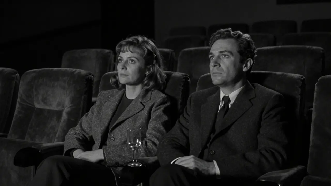 A couple watching a classic French film in a dimly lit cinema, immersed in silence.