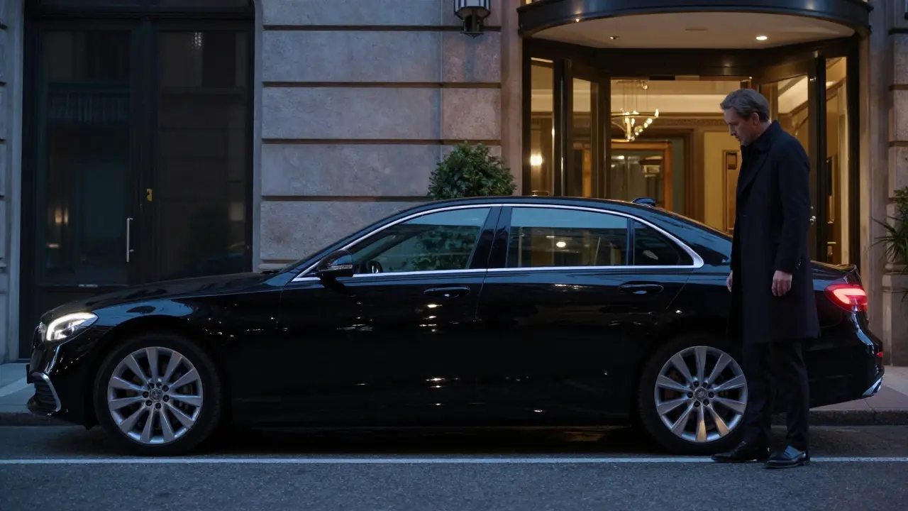 A discreet black sedan waiting outside a luxury hotel in Milan at night.