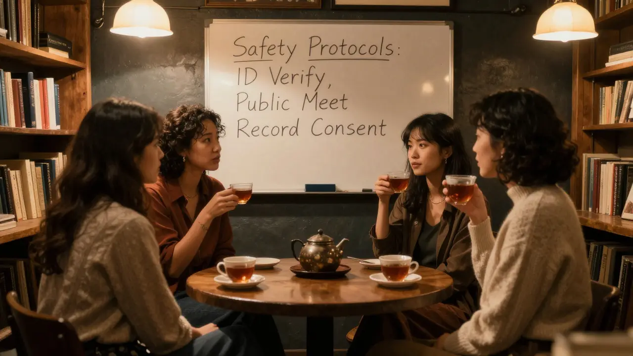 A group of former escorts meeting in secret for mutual support and safety advice.