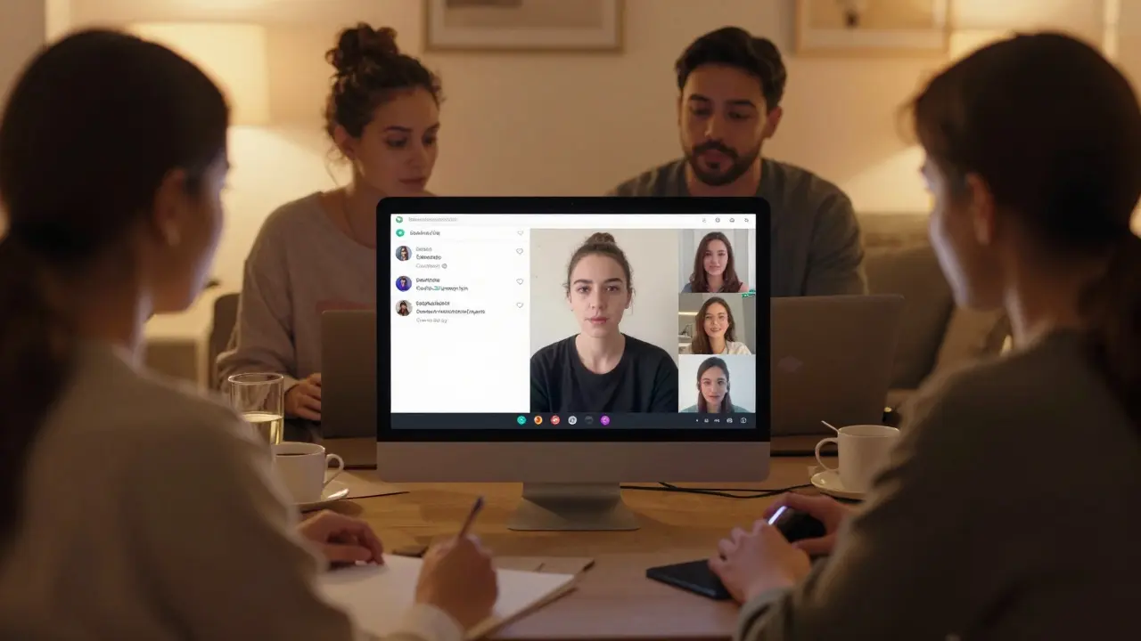 A group of women in a virtual meeting, sharing support and experiences through encrypted digital platforms.