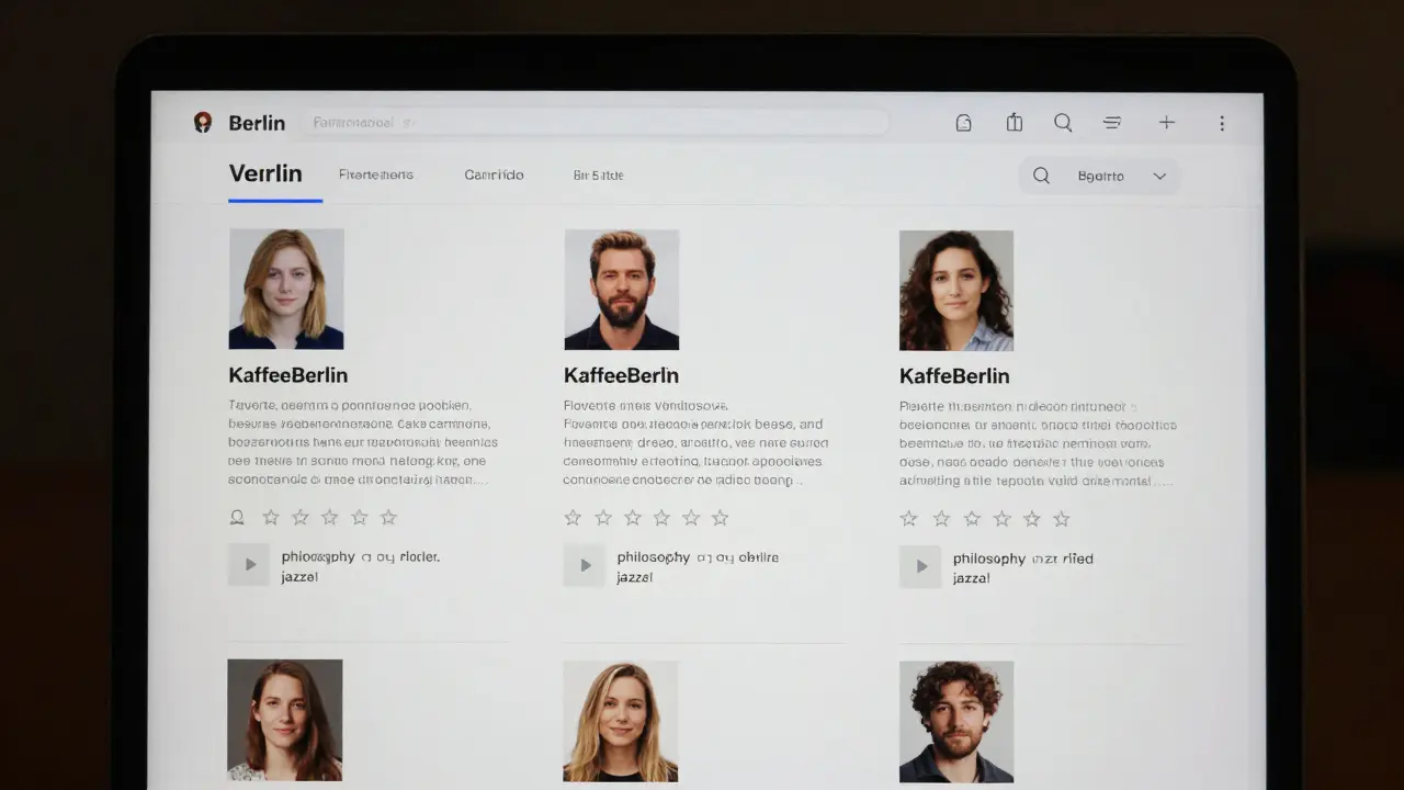 A laptop screen displaying verified companion profiles with personal bios and client reviews in Berlin.