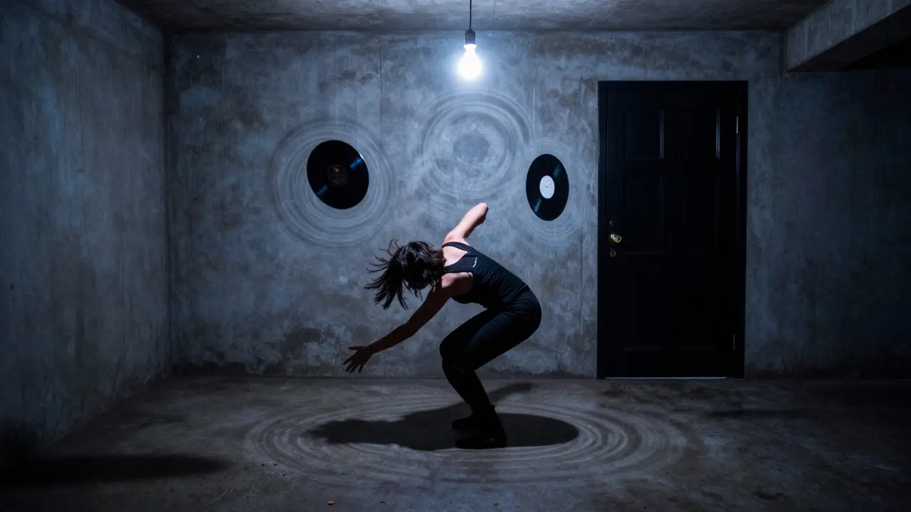 A lone dancer in Zéda's underground club surrounded by floating vinyl records and sound waves in dark concrete space.