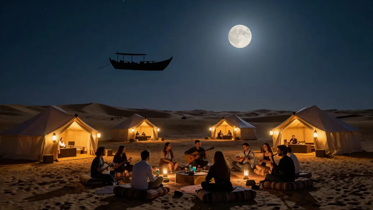 A magical desert party under a full moon with tents, lanterns, and people listening to live music.