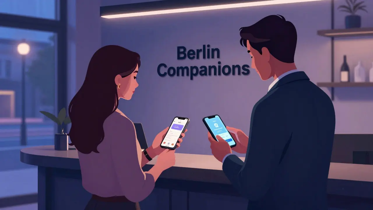 A man and woman meeting in a modern Berlin hotel lobby, secure payment confirmation visible in smartphone reflections.