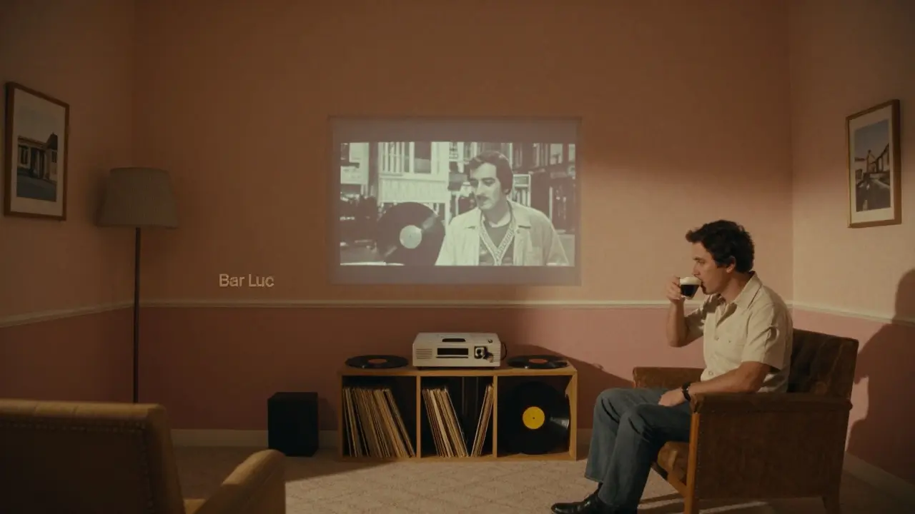 A retro bar with an old Italian film playing on loop, inspired by Wes Anderson's style.