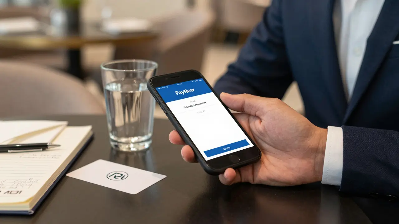 A smartphone showing a secure payment confirmation on a café table in Abu Dhabi, with a business card and notepad nearby, no faces visible.