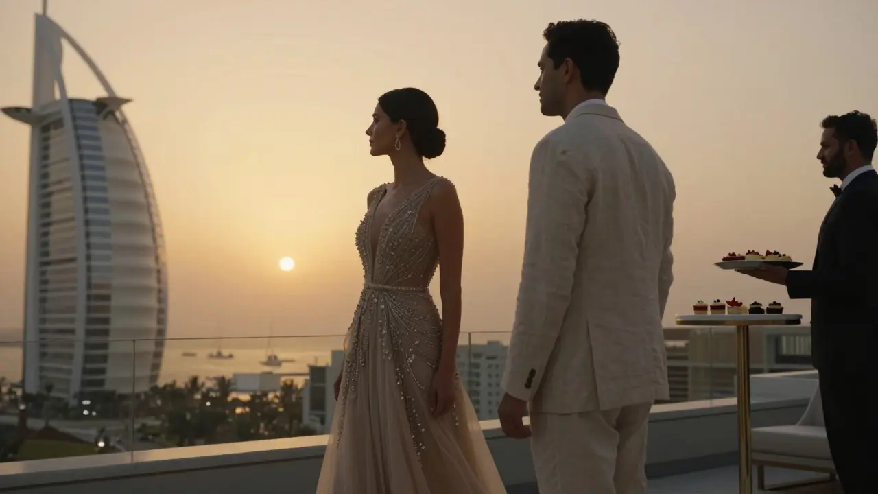 A sophisticated couple walks a private rooftop terrace at sunset, overlooking Dubai's skyline in serene silence.