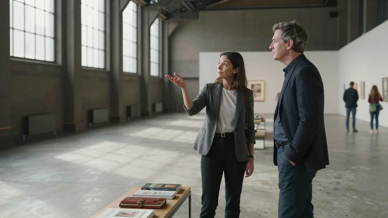 A sophisticated woman and client viewing art in the Turbine Hall of Tate Modern, natural light illuminating their thoughtful expressions.