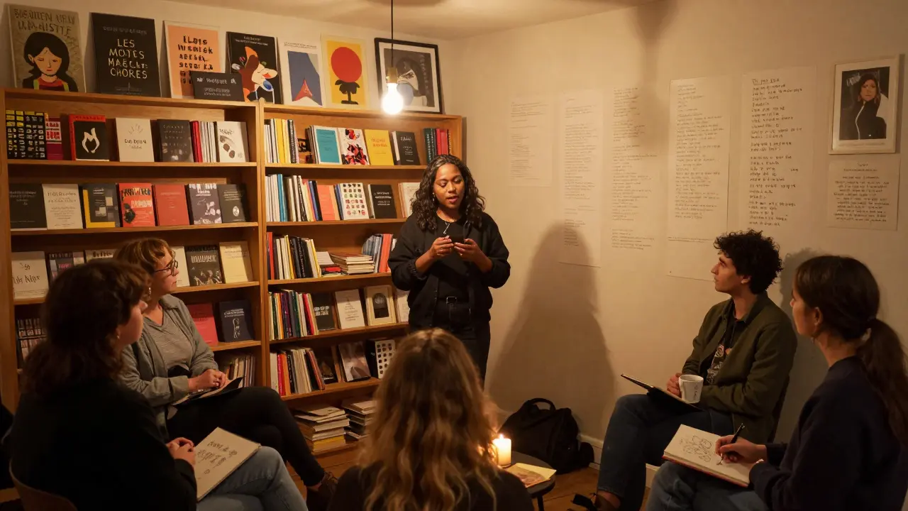 A trans poet performs at a cozy queer bookstore filled with zines and candlelight, surrounded by an attentive crowd.