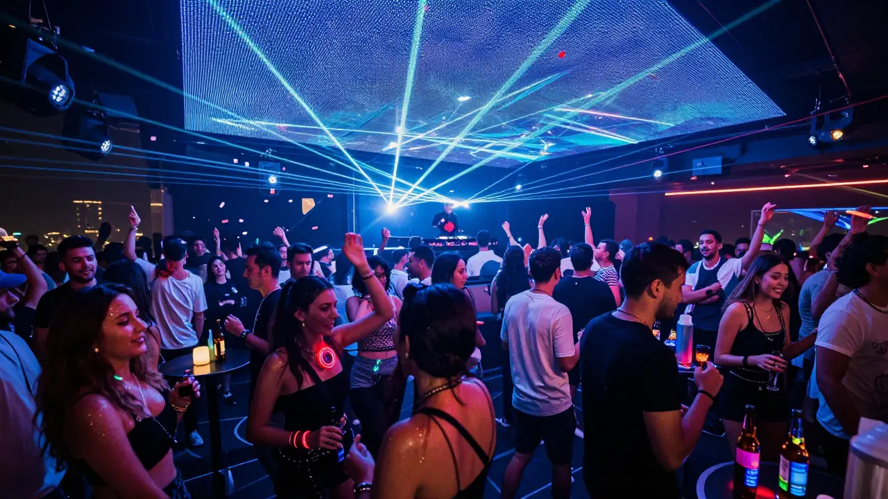 A vibrant nightclub with lasers, dancing crowds, and a DJ on stage under glowing LED lights.