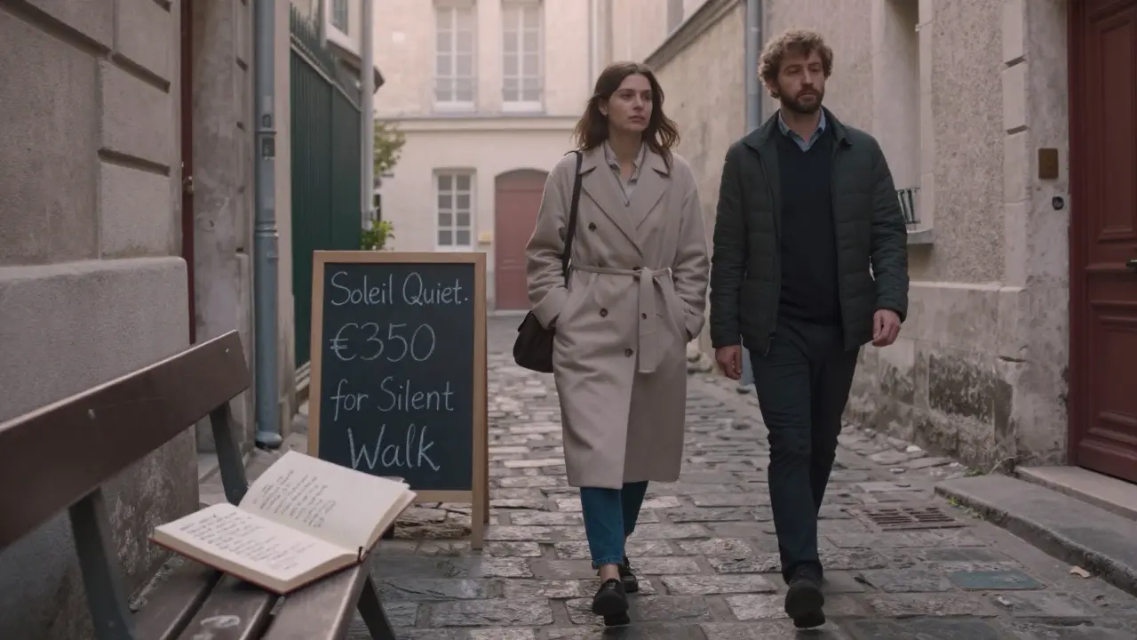 A woman and client walking silently through Montmartre at dawn, no words spoken, with a 'Soleil Quiet' chalkboard visible nearby.