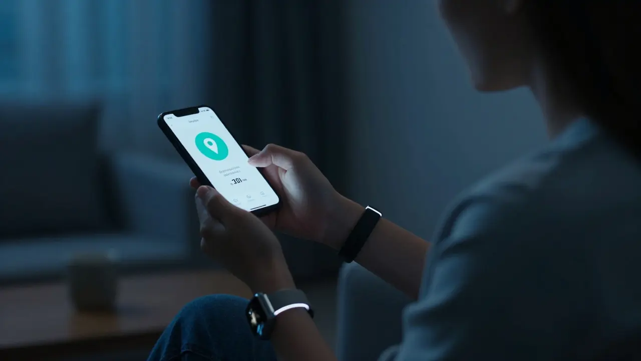 An escort activating a personal safety app with location sharing and timer set, in a private room before a client visit.