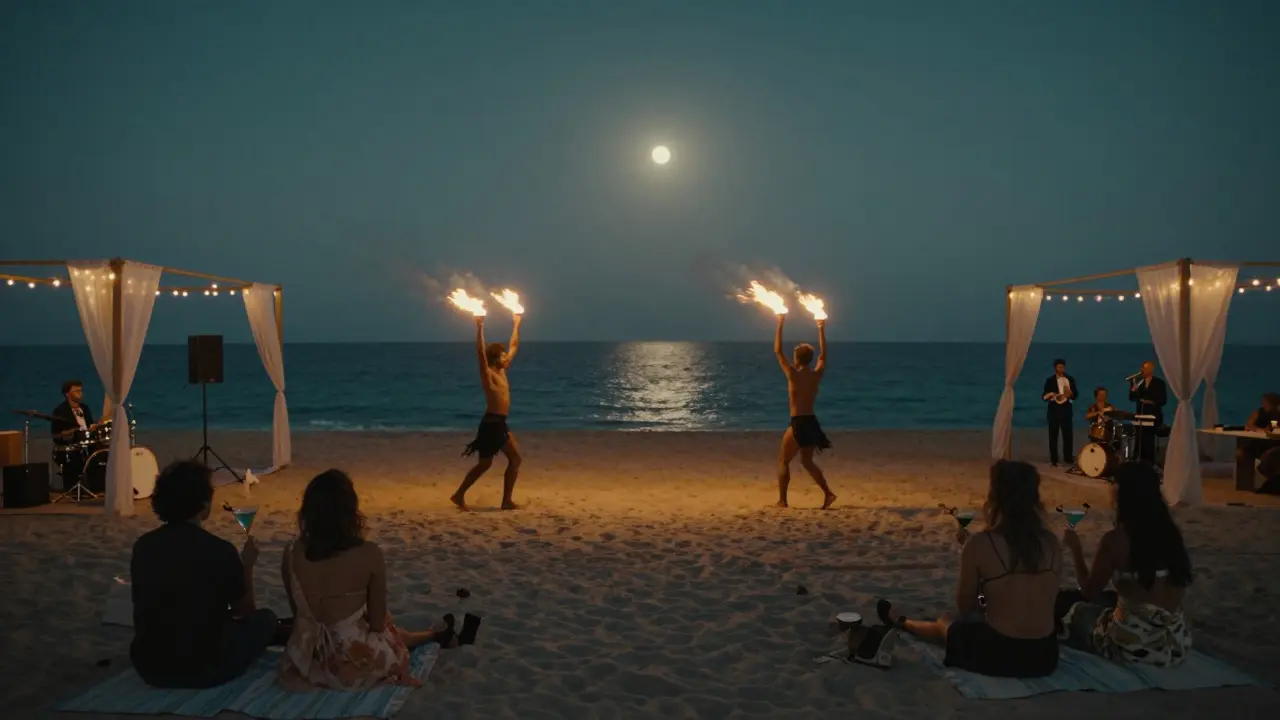 Beachside party at night with fire dancers and guests lounging under moonlit string lights.