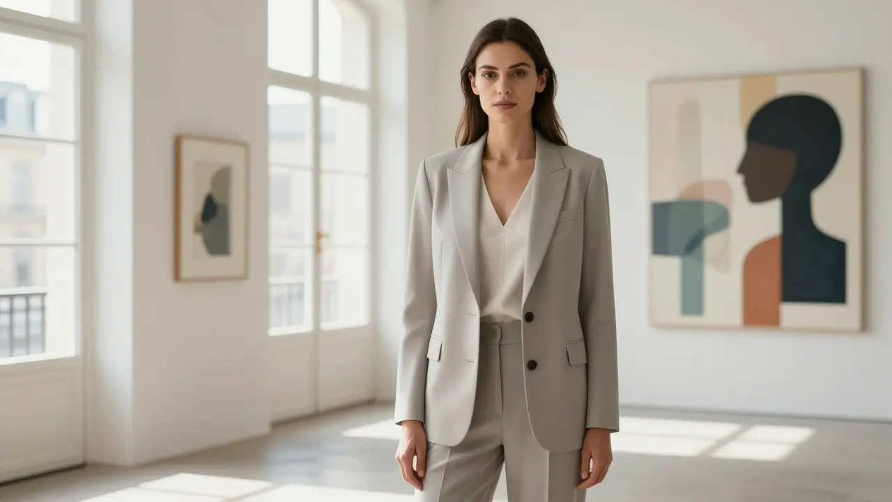 Confident woman in minimalist attire standing in gallery.