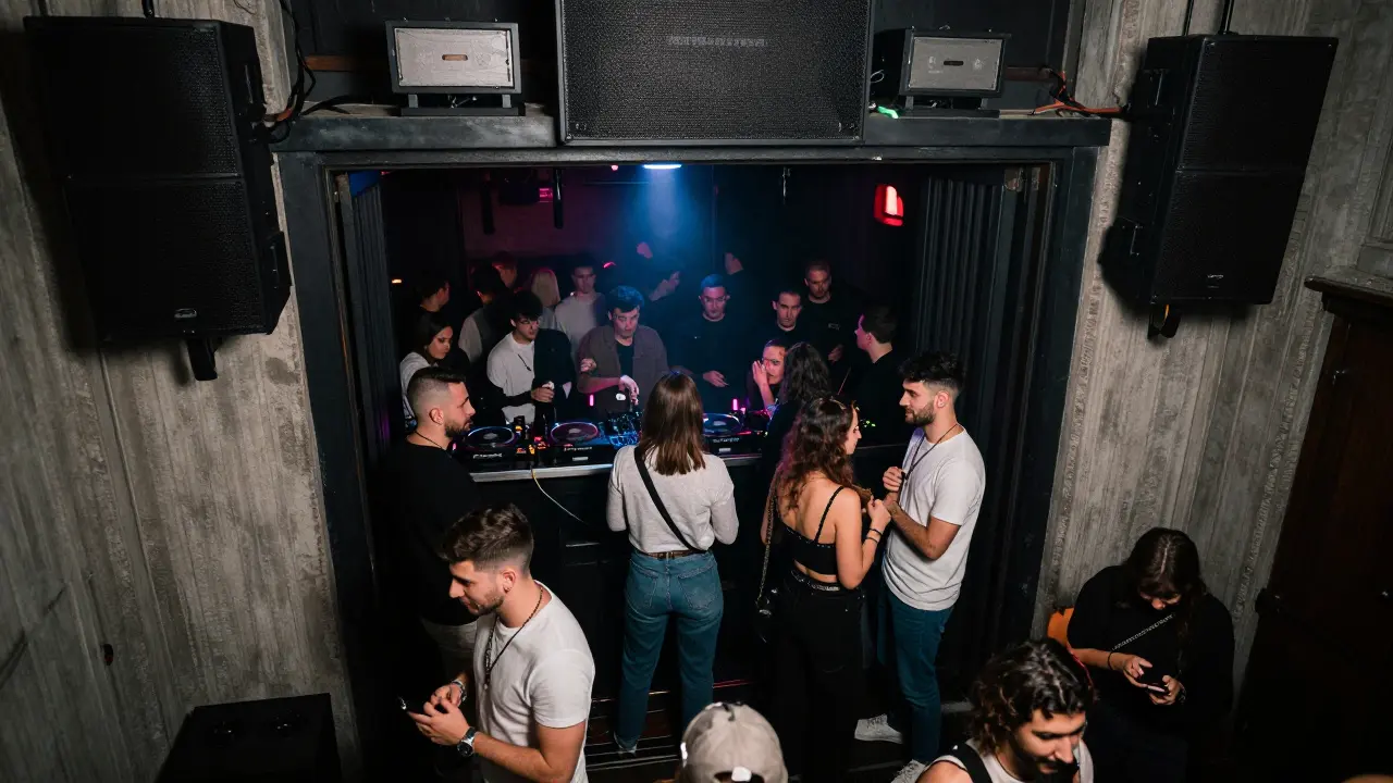 Crowd waiting outside Maya nightclub in Karaköy, bass vibrations and strobe lights inside.