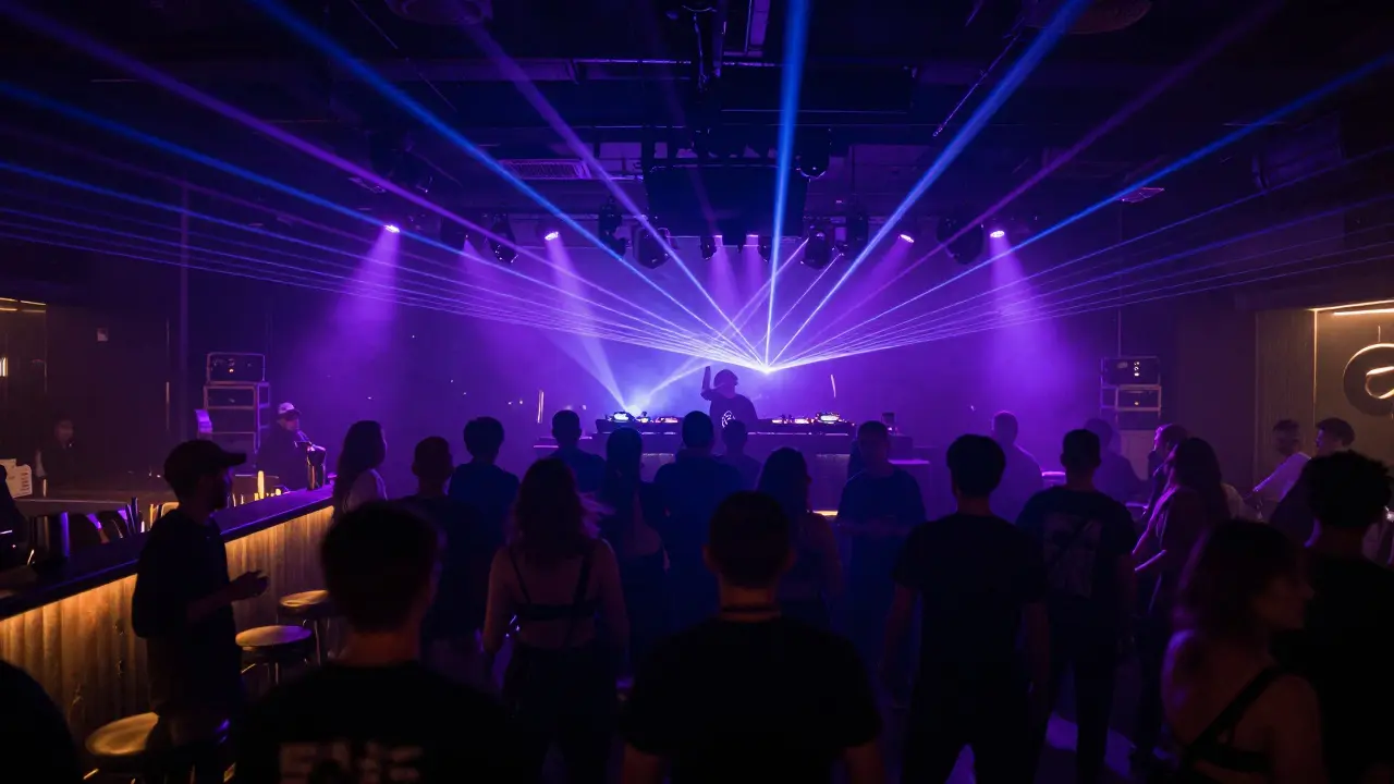 Dimly lit dance floor with silhouettes of people partying