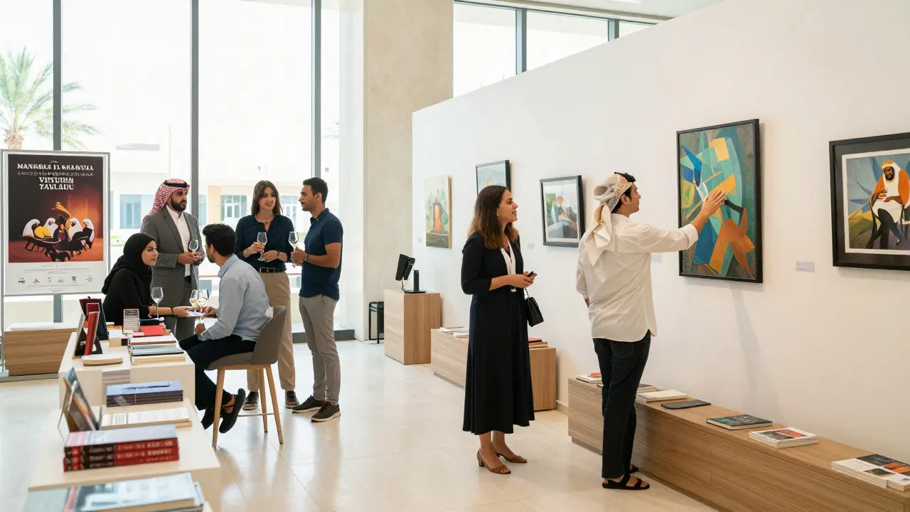 Expats engaging in conversation at a cultural event in Abu Dhabi, natural light, art posters on walls, wine glasses on tables, no commercial cues.