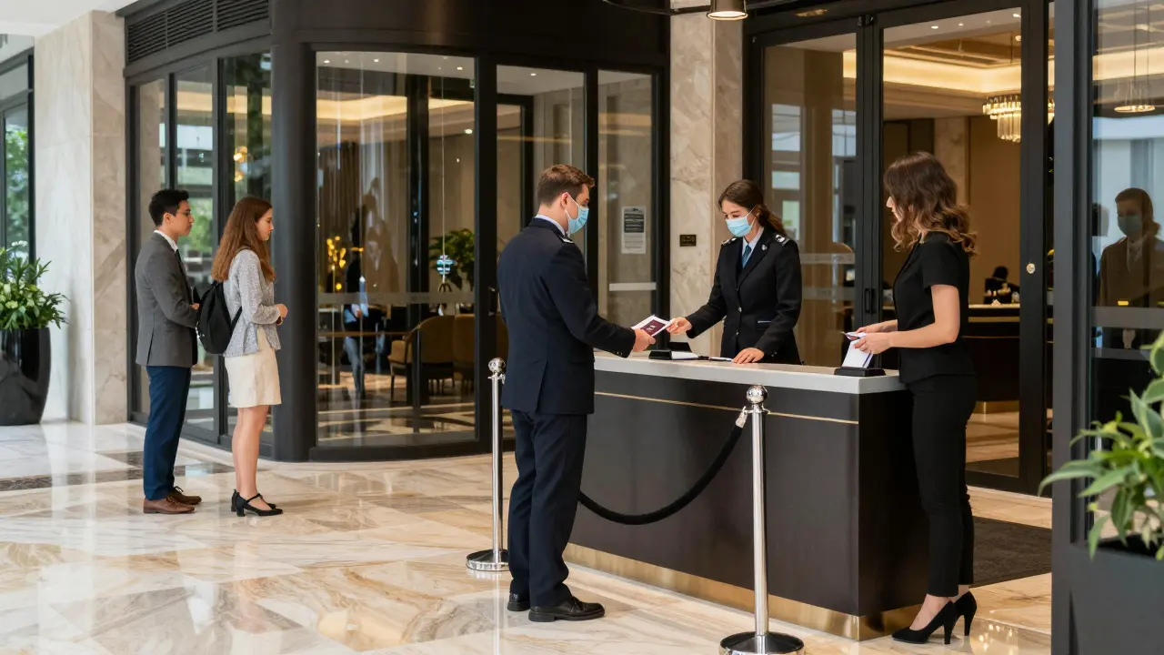 Guest showing ID to security guard at upscale club entrance