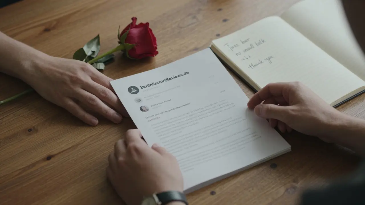 Hands on a wooden table with a review print, rose, and handwritten notes, no faces, muted tones, symbolizing respectful companionship.