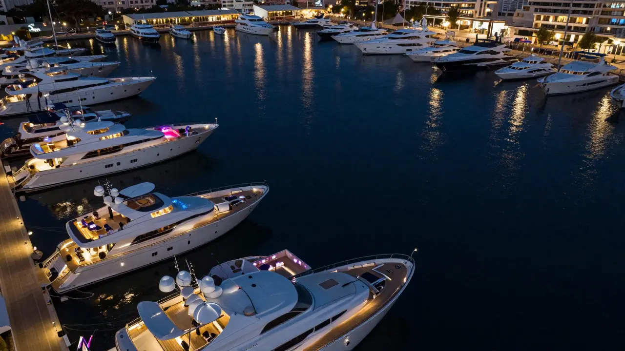 Illuminated superyachts docked at Port Hercules at night.