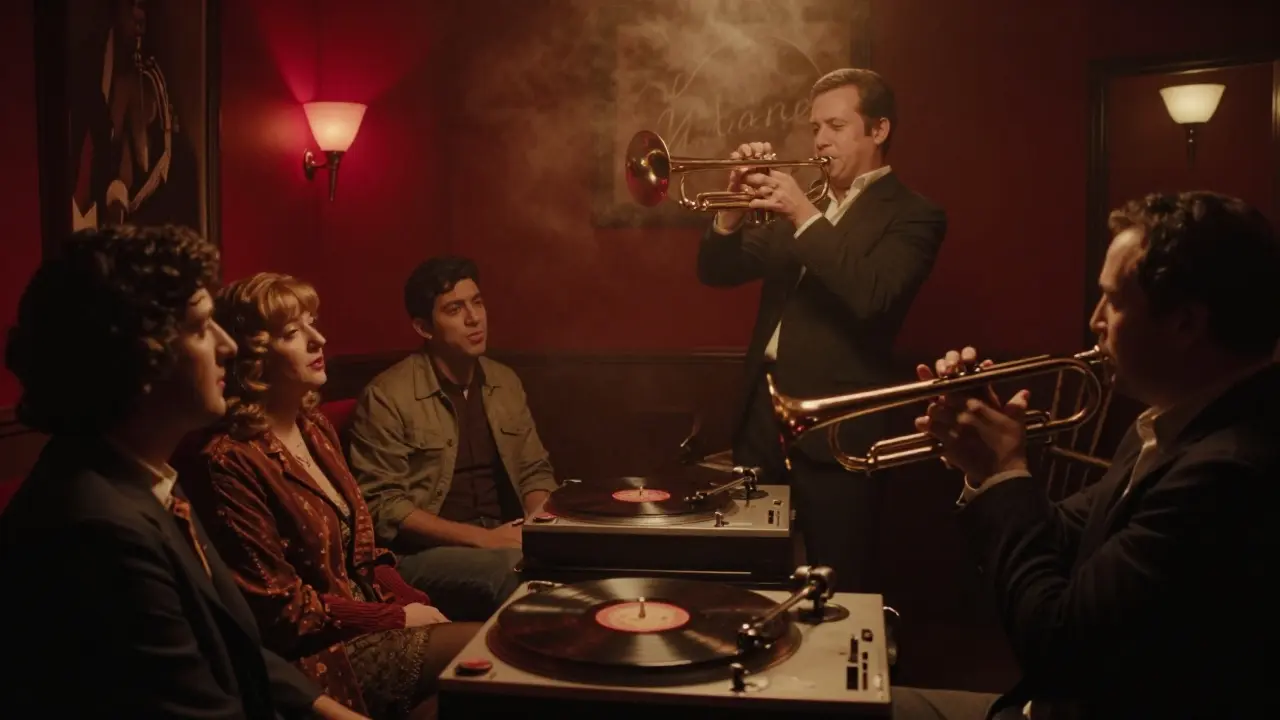 Intimate jazz club interior with a trumpet player performing under dim red lighting.