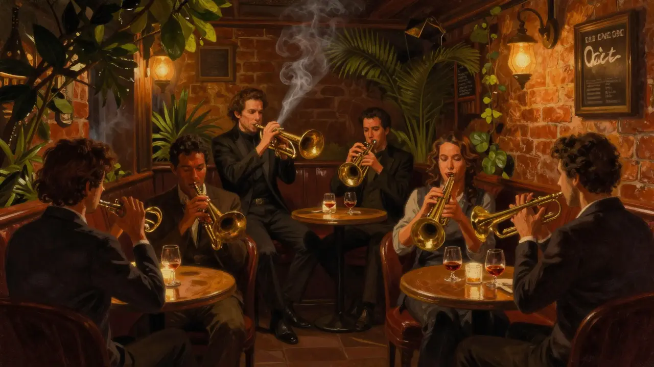 Jazz musicians playing in a dimly lit intimate courtyard bar