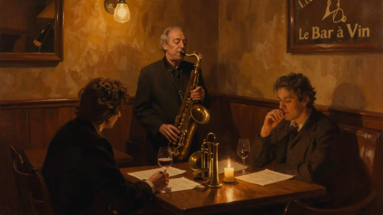 Jazz saxophonist playing in dimly lit Le Bar à Vin, surrounded by wooden booths and warm candlelight.