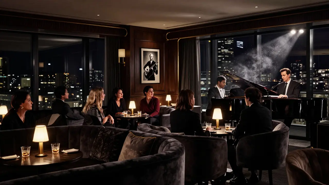Jazz trio playing piano in intimate hotel lounge with attentive audience members
