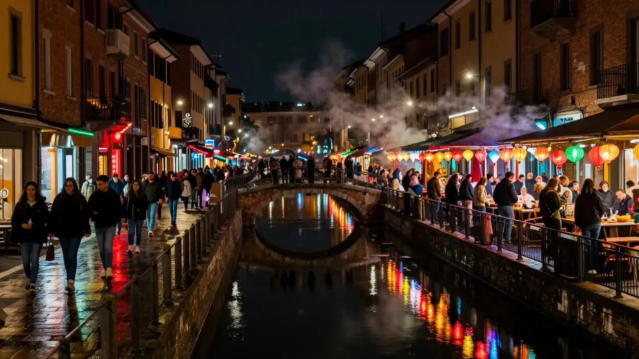 Lively canal-side bars in the Navigli district glowing at night.
