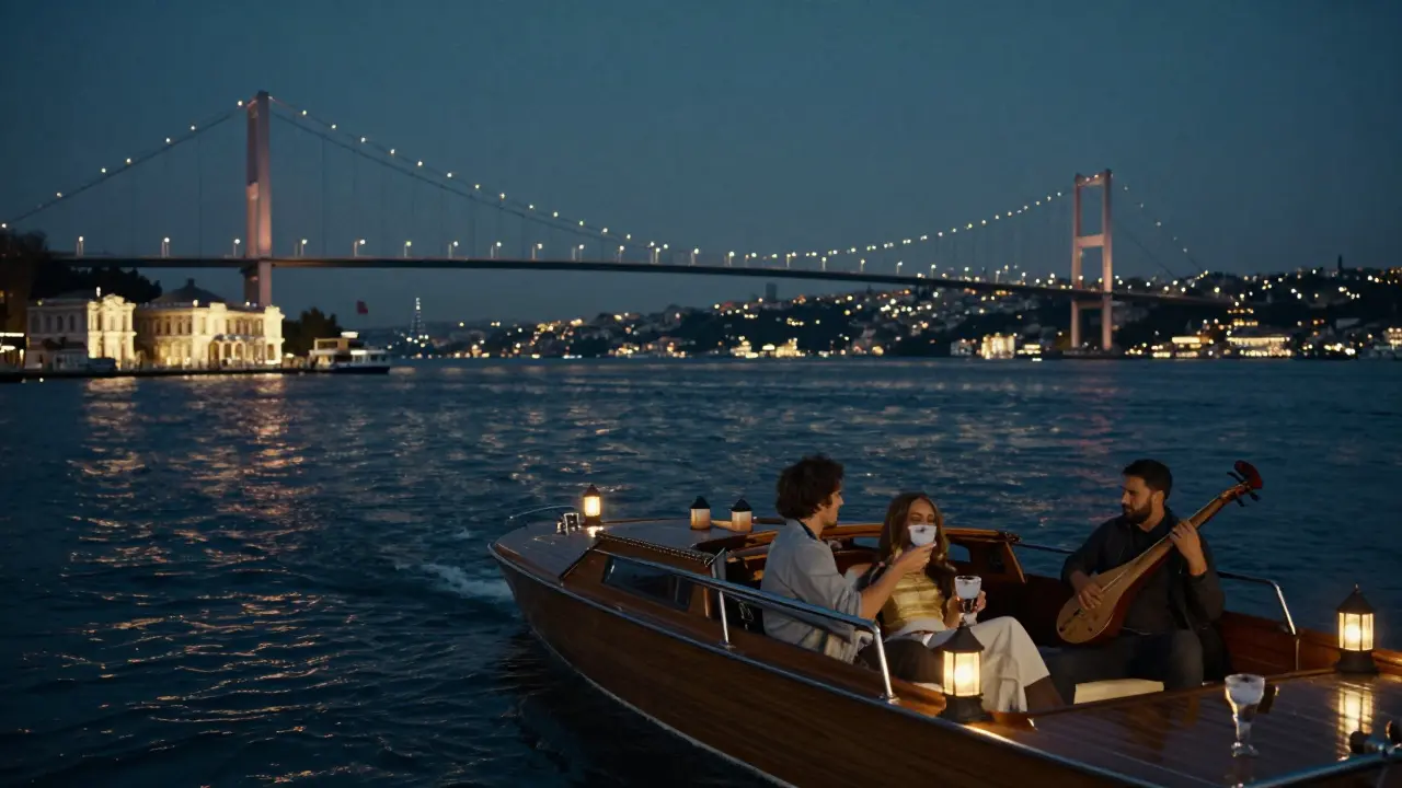 Night cruise on Bosphorus with lit palaces, quiet couple sipping raki, and bridge lights in distance.