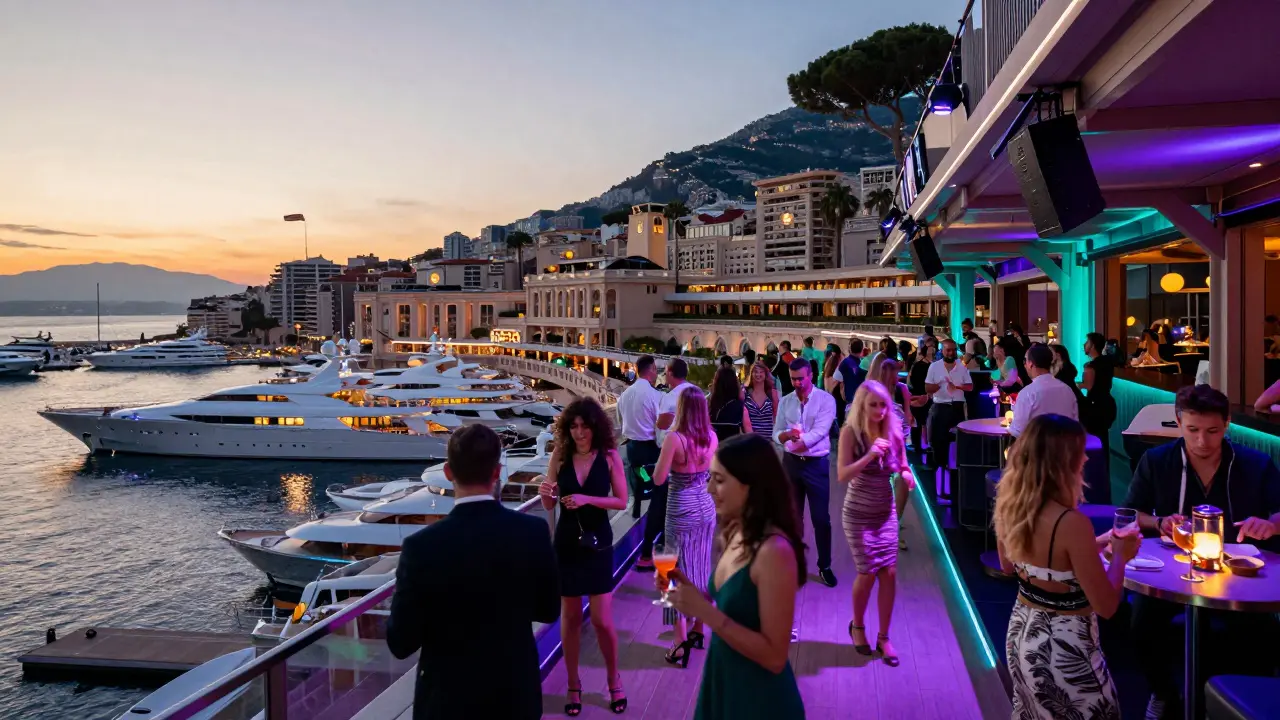 Nightclub crowd on terrace overlooking superyachts in Port Hercules