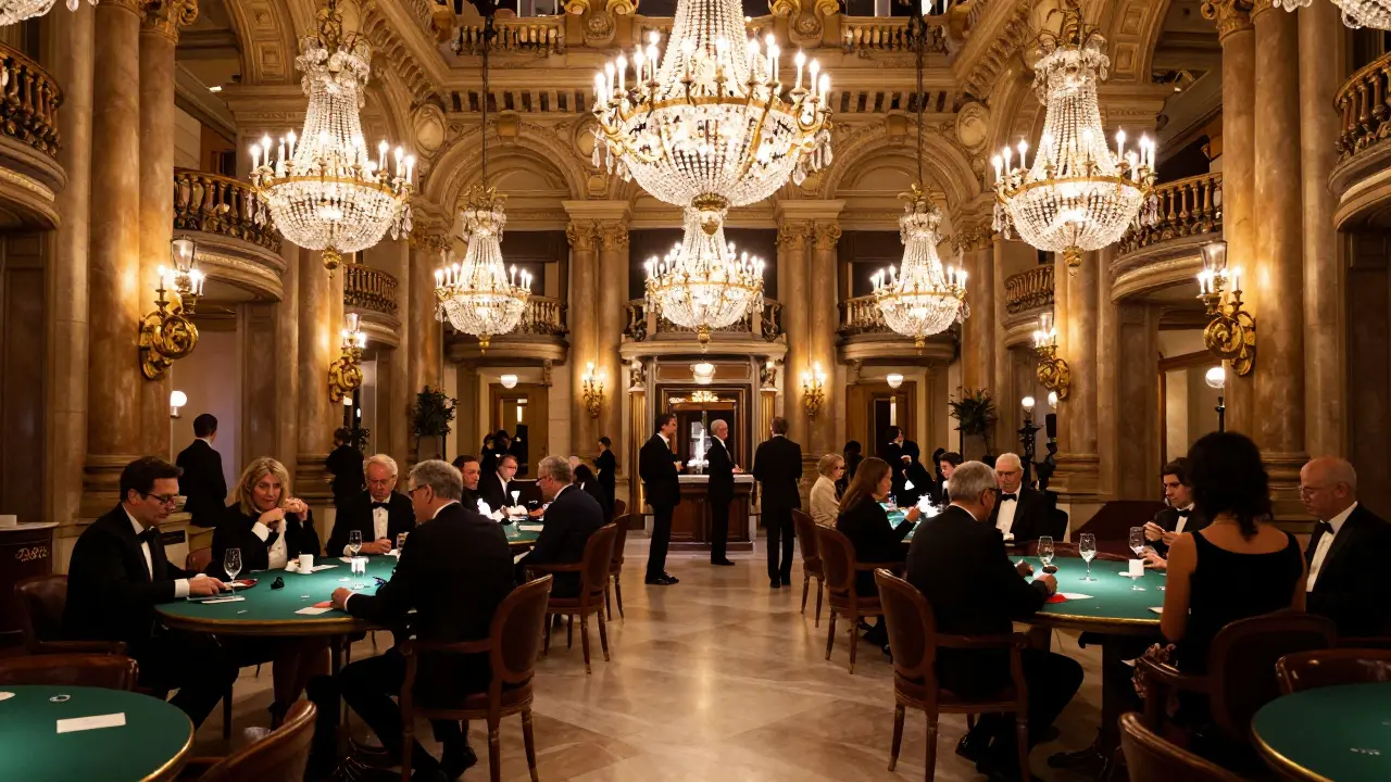 Opulent interior of Casino de Monte-Carlo with guests.